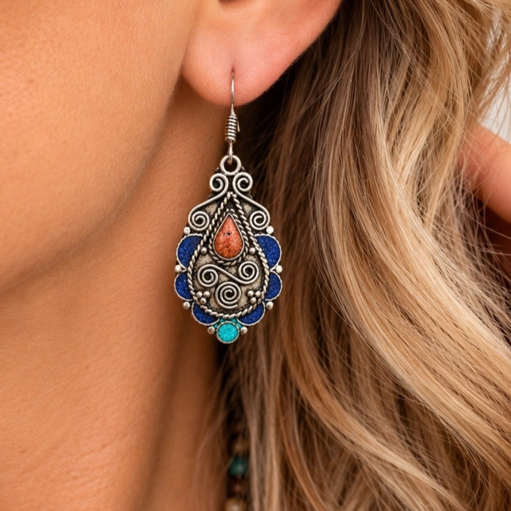 Lapis Lazuli Coral Gemstone Drop Dangle Tibetan Earrings 2.2" Boho Artisan New